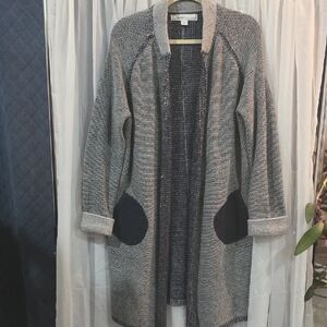 #39 Curio Elegant Gray and Blue Open-Front Cardigan